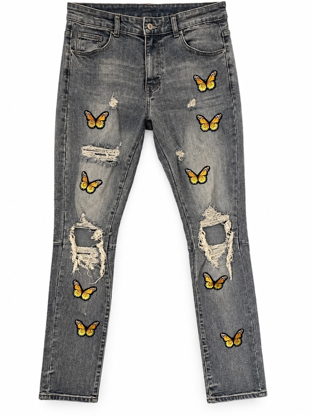 Men’s TwillMKT Distressed Blue Skinny Jeans with Yellow Butterfly Embroidery 32